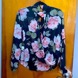 Navy Blue Long Sleeve Floral Blouse